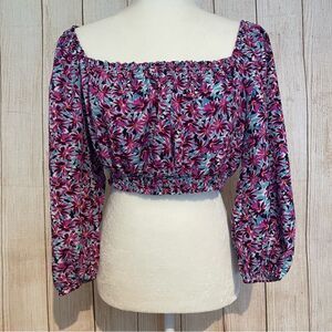 Lush Floral Off-Shoulder Top elastic waist/cuffs Size L Preowned